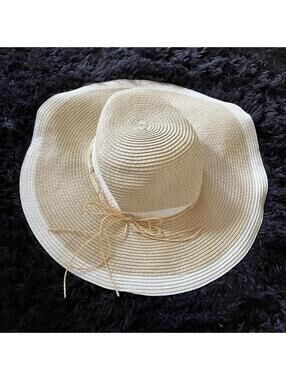 Wide Brim Tan Straw Sun Hat White Ribbon Trim Floppy Beach Hat Packable Summer